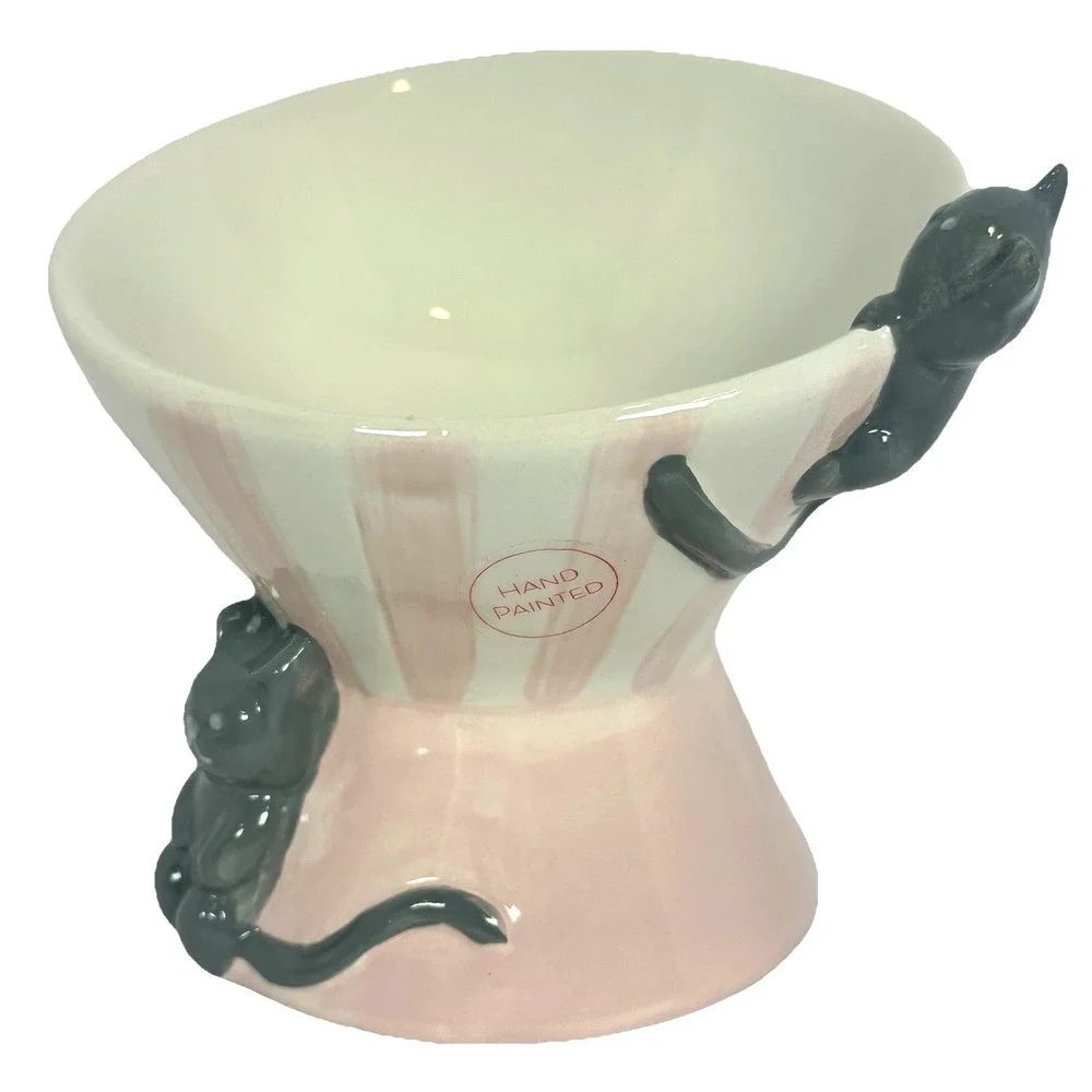 Mellow & Mod Cat Pedestal Bowl Pink Stripe Ceramic Raised Cat Food Dish